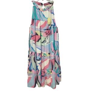 JODIFIL Maxi Dress Tiered Abstract Print Ruffle Neck‎ Sleeveless Women L